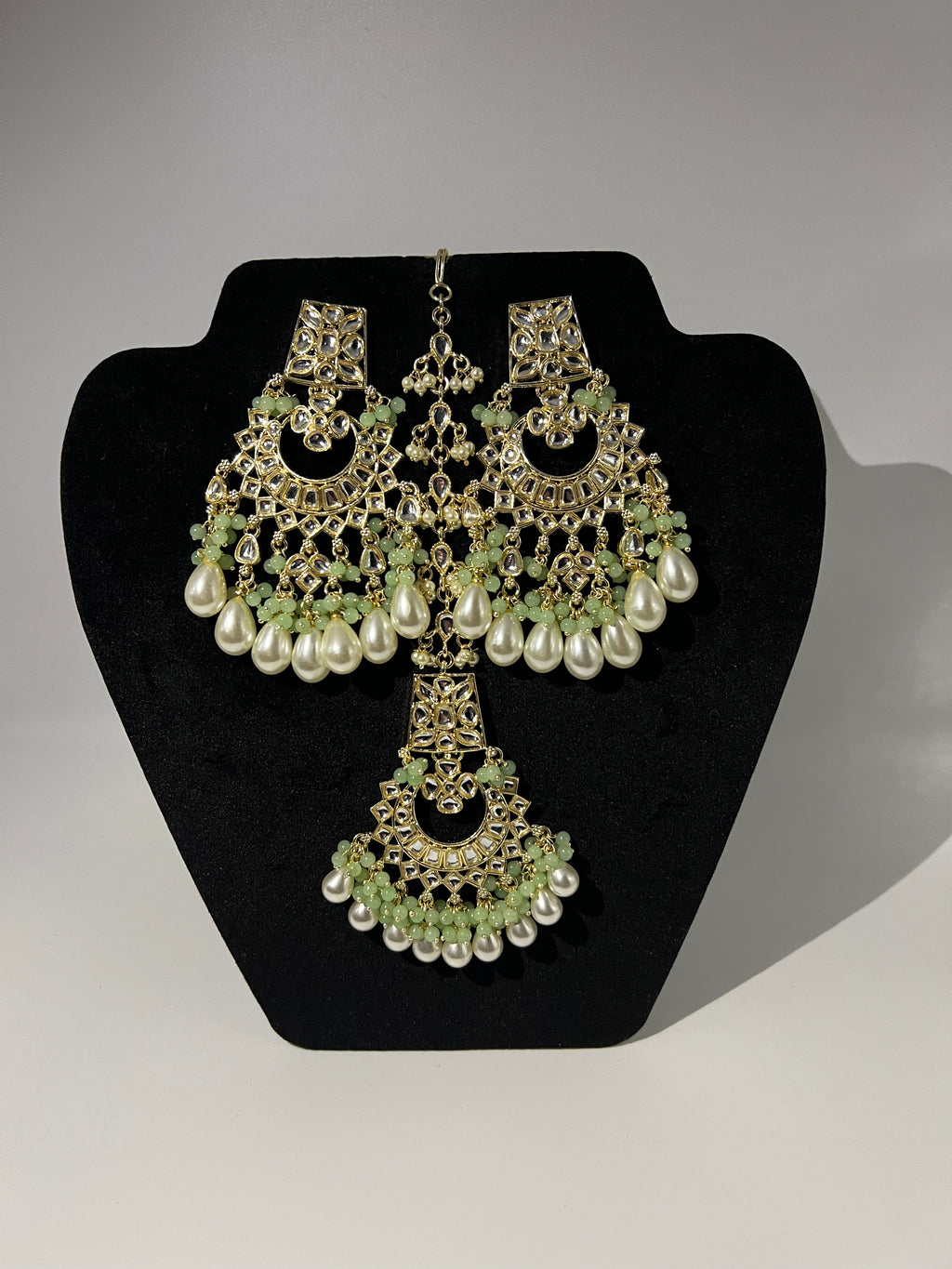 Gold & Light Green Earrings and Tikka Set with Pearl Drops