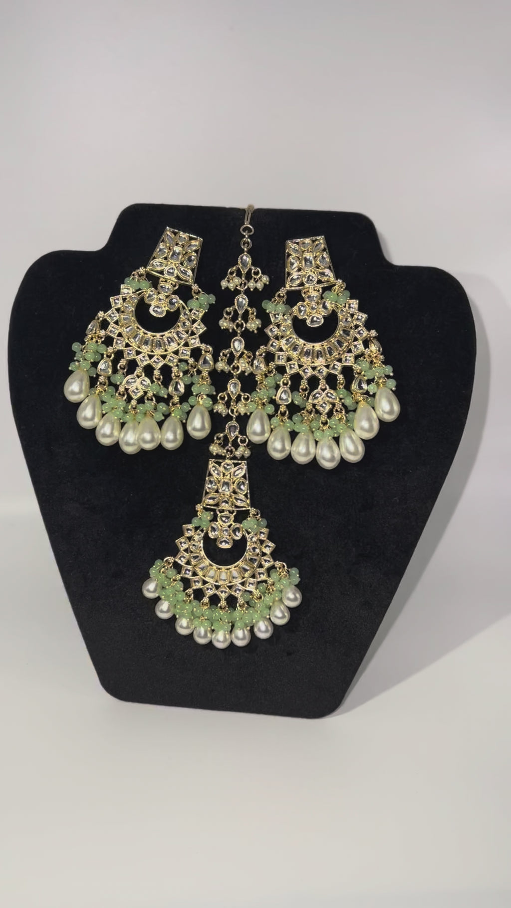 Gold & Light Green Earrings and Tikka Set with Pearl Drops